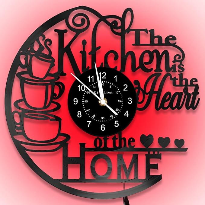 KingLive Kitchen Wall Clock with 7 Colors LED Light, Vintage Style Coffee Theme, Kitchen Coffee Bar Vinyl Record Decor