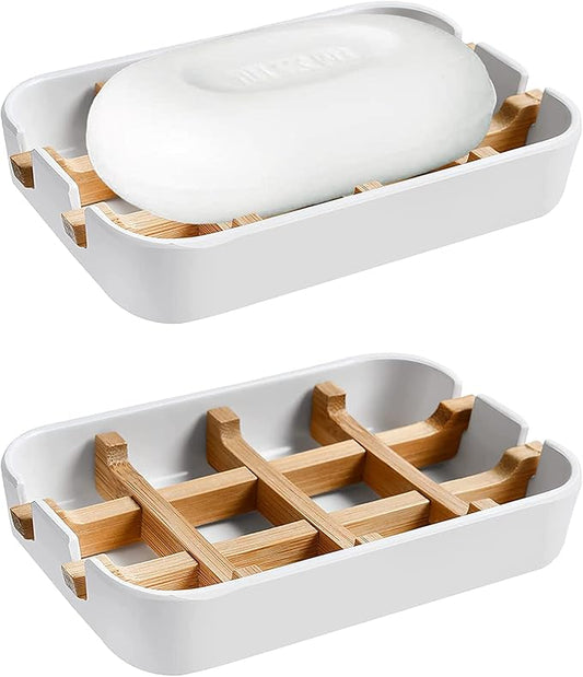 Aoheuo Modern Bamboo Fiber soap Holder and soap Dish Combination (Removable),5.12 Long by 3 Wide, 0.98 inches high, Used in Kitchens, bathrooms, and bar Sinks (White(2 Pack))