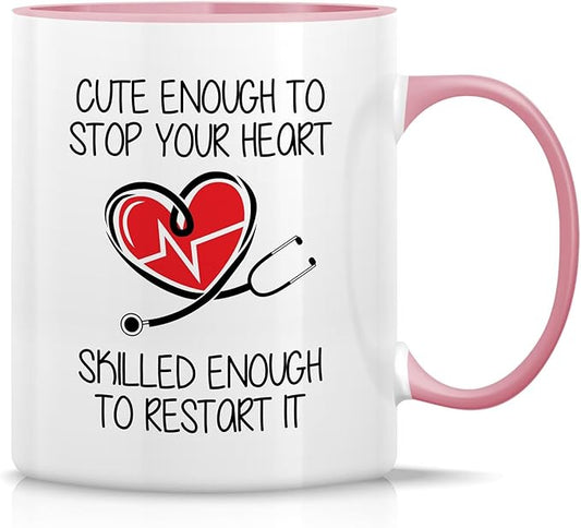 Retreez Funny Mug - Cute Enough To Stop Your Heart Skilled to Restart It Doctor 11 Oz Ceramic Coffee Mugs - Sarcasm, Motivational, Inspirational birthday gifts - White Mug with Pink Handle and Inner