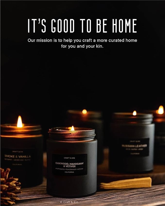 Craft & Kin Premium Oakwood, Mahogany & Vetiver Candle | Black Spring Scented Candles for Men | Long Lasting with 45 Hour Burn Time, 7.6oz | Made with Soy | Aromatherapy at Home | Gifts for Men
