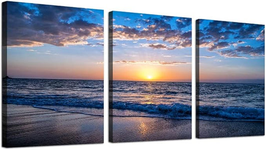hyidecorart 3 Piece Canvas Wall Art -Sunrise blue sea view Landscape - Modern Home Decor Room Stretched and Framed Ready to Hang - 12"x16"x3 Panels