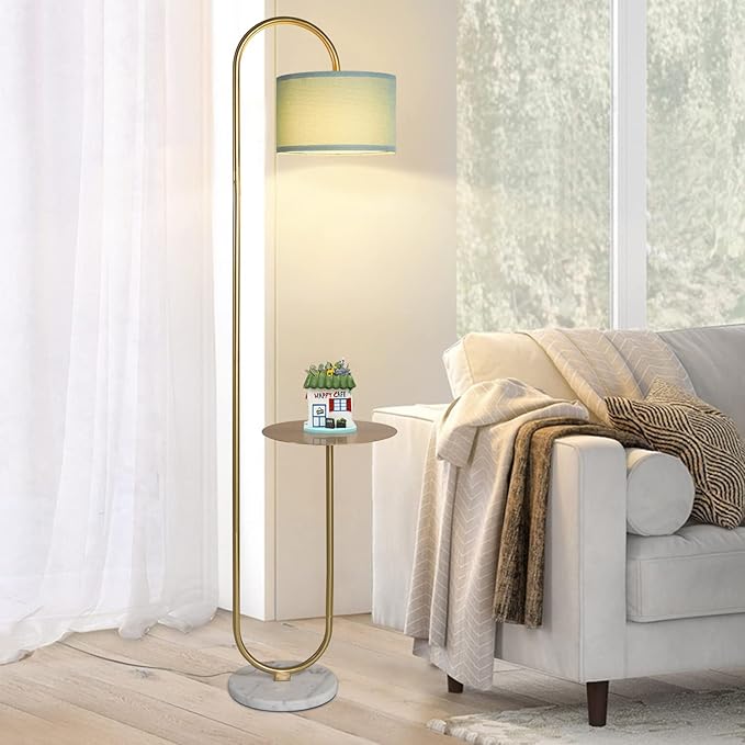 Hsyile KU300272 Arc Floor Lamp with Hanging Drum Shade for Living Room-Marble Base Modern Tall Stand Up Light with Table, Contemporary Over The Couch Gold Lamp Standing Lamps for Bedroom Office