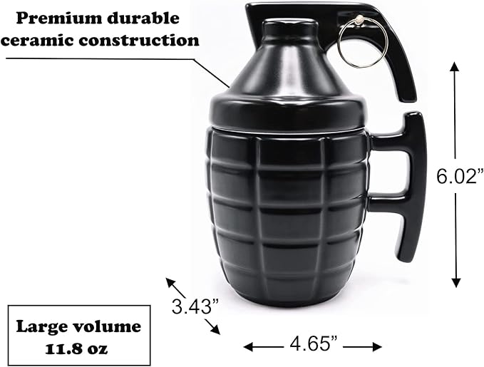 Caliber Gourmet Grenade Ceramic Large Coffee Mug with Lid (11.8oz), Great Tea Coffee Cup, fits K-Cup coffee makers, Travel, Camping Trips, Loved by Military, Veterans, Gun Lovers, Christmas Gift