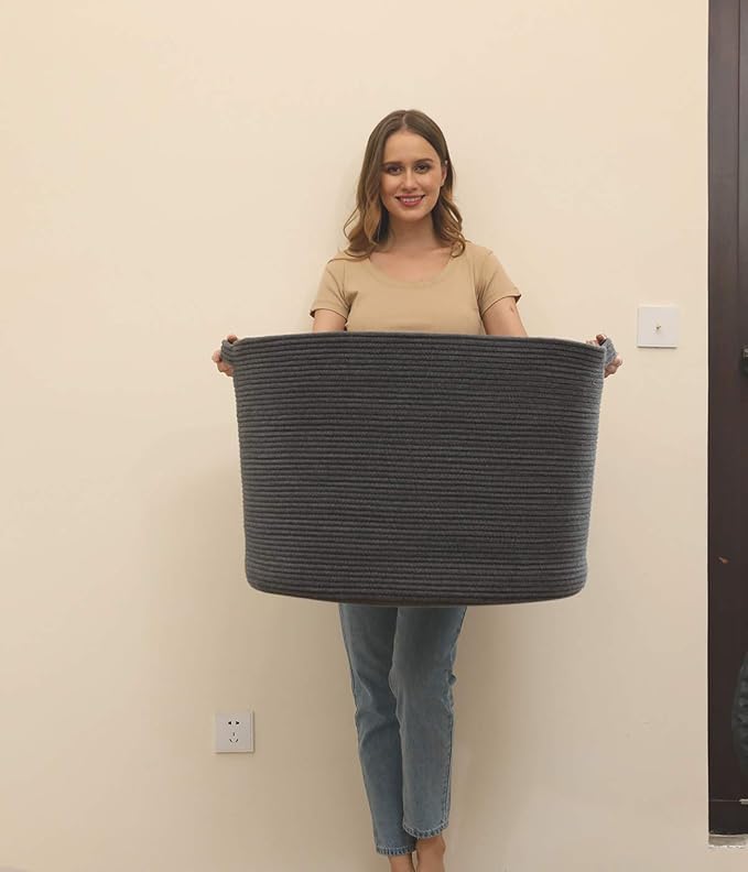 24" x 24" x 17" Max Size Large Cotton Rope Basket, Extra Large Storage Basket, Woven Laundry Hamper, Cloth Storage Bin, for Blankets Clothes Towels Pillows in Living Room, All Dark Grey