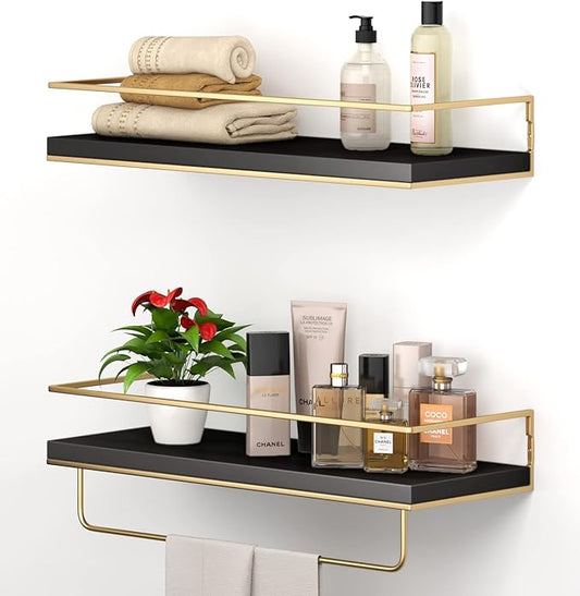 Shario Black Floating Shelves - Set of 2, Wall Mounted Hanging Shelves with Golden Towel Rack, Decorative Storage Shelves for Bathroom, Kitchen, Living Room & Bedroom (Black)