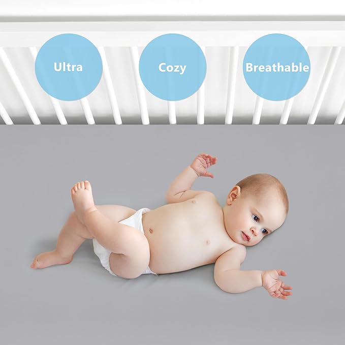 TILLYOU Baby Crib Sheets for Boys Girls, Fitted Crib Sheet 2 Pack for Standard Crib and Toddler Mattresses, Super Soft Toddler Bed Sheets, 28"x52"x8",Lake Blue& Grey