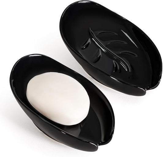 Soap Holder, Self Draining Soap Dishes 2PCS, Leaf Shape Ceramic Bar Soap Holder Drain Soap Dishes for Bathroom Sink Kitchen, Easy to Clean Keeps Soap Dry, Black, ANTIS'S HOME