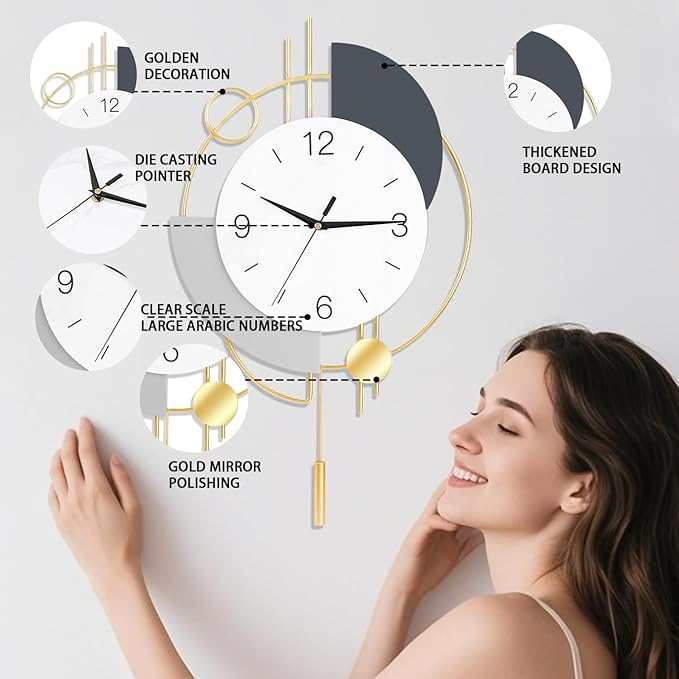 Wall Clock, Silent Quality Quartz Battery Operated with Pendulum, Large Wall Clock for Living Room Kitchen Home Bathroom Bedroom Wall Decor,13x21.65inch,Golden