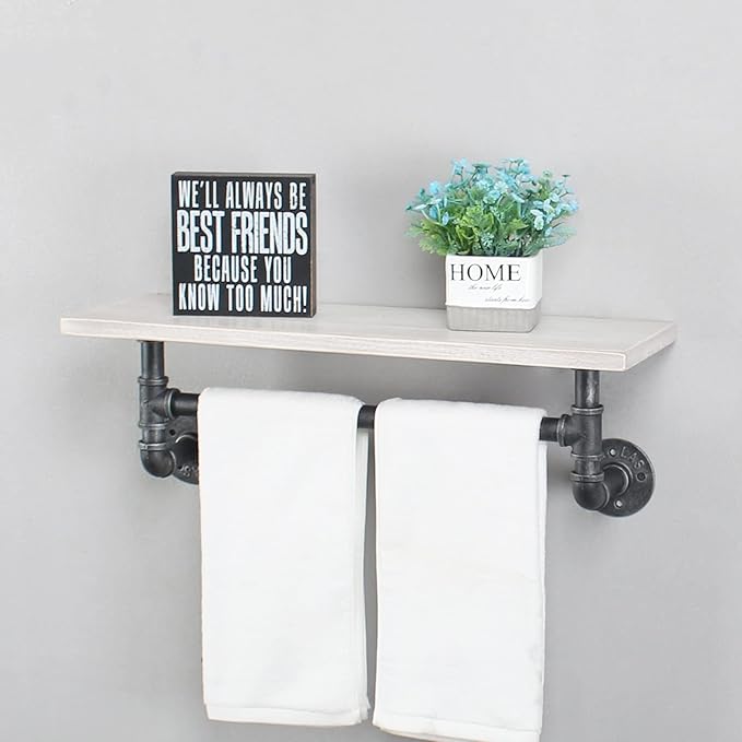 Industrial Pipe Shelving,Iron Pipe Shelves Industrial Bathroom Shelves with Towel bar,24in Rustic Metal Pipe Floating Shelves Pipe Wall Shelf,1 Tier Industrial Shelf Wall Mounted,Retro White