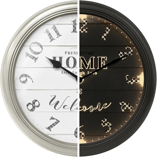 Presentime & Co. 12.6" Illuminated Farmhouse Wall Clock, Silent Battery Operated Night Light Wall Clock with Smart LED Sensor for Living Room, Bathroom, Kitchen, Home Office, Morning Silver