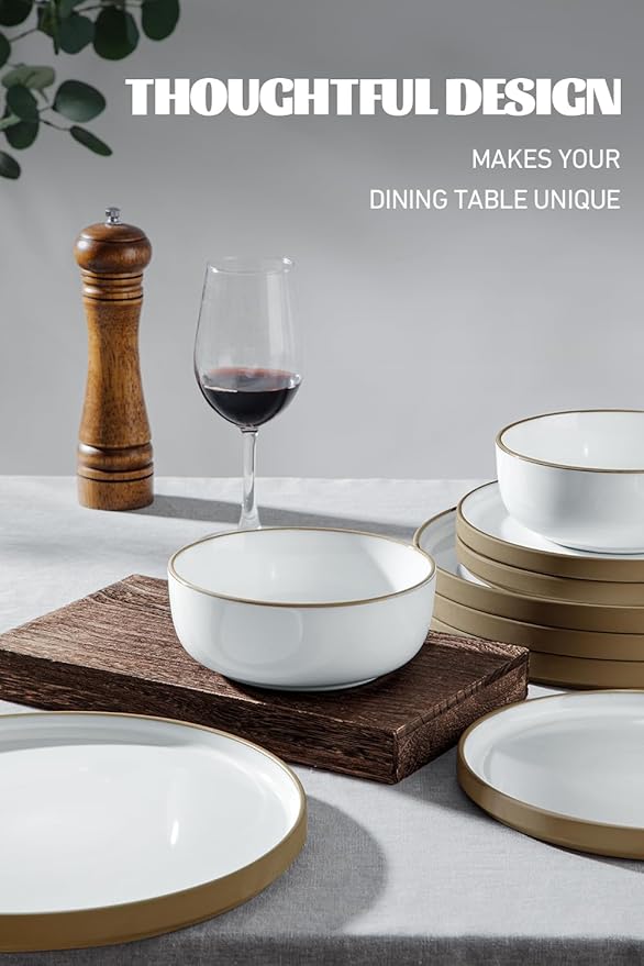 Famiware Nature Plates and Bowls Sets, 12 Pieces Stoneware Dinnerware Sets, Dishes Set for 4, Dishware Sets, Microwave and Dishwasher Safe, Snowy White