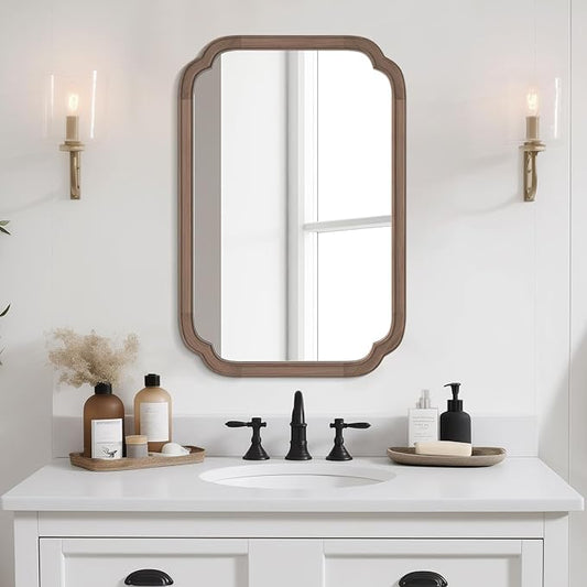 WallBeyond 20" x 30" Rounded Corner Arch Wall Mirror with Wood Frame for Entryway, Living Room or Bedroom Home Decor - Light Woodgrain [20" x 30" Walnut]