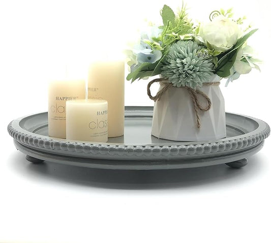 Round Wood Decorative Tray, Small Beaded Tray for Dresser Coffee Table Kitchen Corner Dinning Table, Modern Round Wooden Tray for Centerpiece (Gray, 13.4''X13.4'')