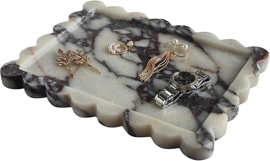 Natural Luxury Scalloped Marble Tray 10.8"x8", Rectangle Vanity Tray for Bathroom Kitchen Counter, Decorative Tray for Dresser Home Decor (calacutta Purple)