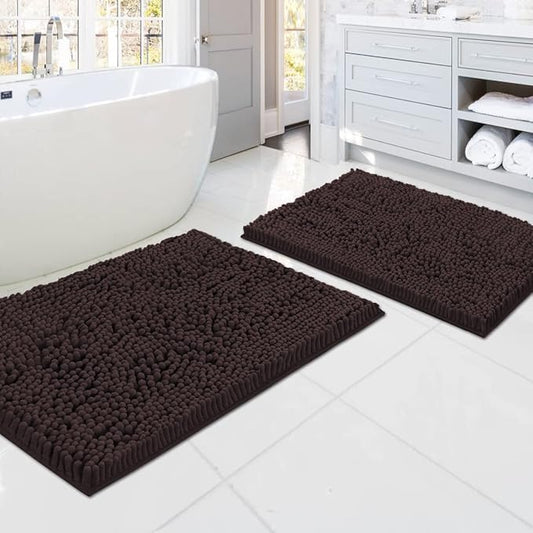 H.VERSAILTEX Bathroom Rugs Bath Mats for Bathroom Non Slip Luxury Chenille Bathroom Rugs Extra Soft Absorbent Shaggy Bathroom Mat Rugs Washable Fast Dry 2 Piece (Chocolate, 20" x 32"/17" x 24")