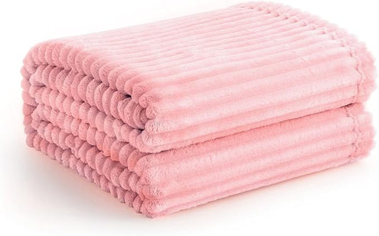 Vessia Flannel Fleece Pink Throw Blanket(50X70 Inch), 300GSM Warm and Soft Comfy Striped Bed Throw, Cozy Microfiber Ribbed Sofa Blanket for All Season
