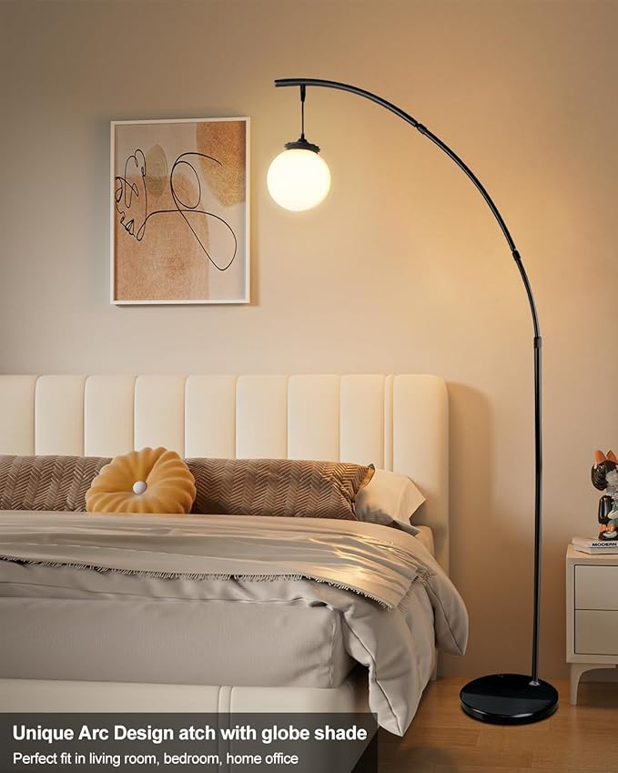 Lightdot Black Arc Floor Lamp for Living Room, 76Inch Tall Standing Lamp with Marble Base and Globe Bulbs Included, 3000K Warmwhite Modern Mid Century Floor Lamp for Bedroom & Home Office