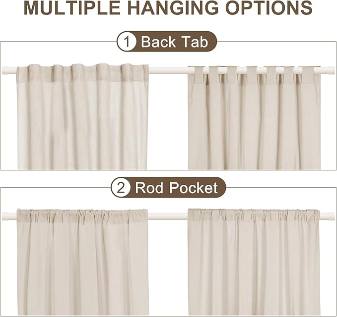 ASPMIZ Cotton Linen Farmhouse Curtains Boho Rustic Button Panel, Country Window Curtain Panels, Brown Stripe Modern Curtains for Living Room, Back Tab & Rod Pocket Curtain 52 x 63 Inch, 2 Panels