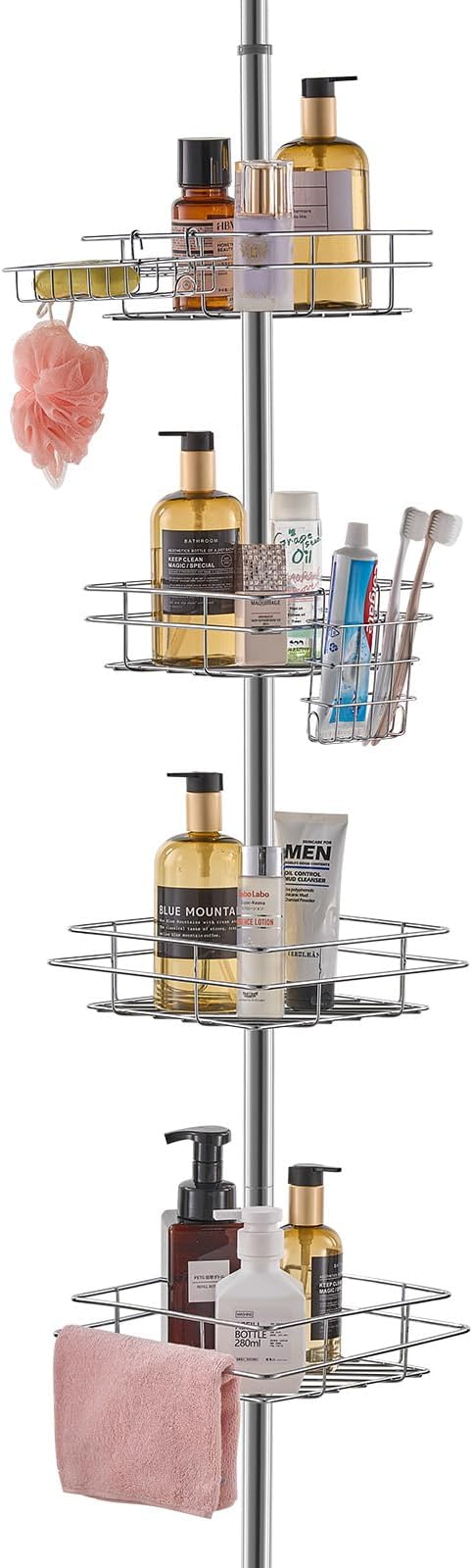 VEVOR Shower Corner Caddy Tension Pole, 42" to 114" High, Multi-Functional Shower Tension Pole with Strong Load-Bearing Tray, Rust-Proof Easy-to-Install, Fit for Bathroom & Washroom
