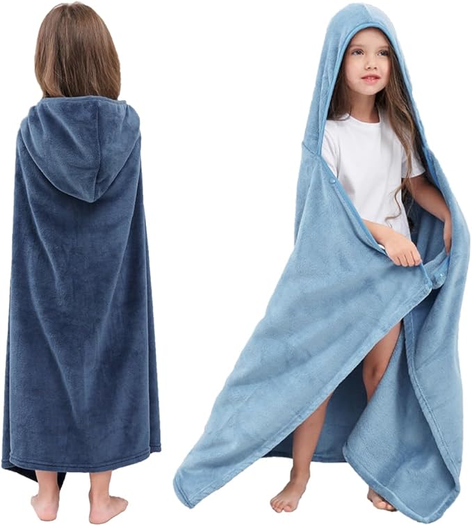 Hiturbo 2Pcs Kids Fleece Hooded Towel: Soft Plush Warm Blanket - 50"x30" Pool Beach Bath Swim Towel Wrap for 3-12 Yrs (Navy+Blue)