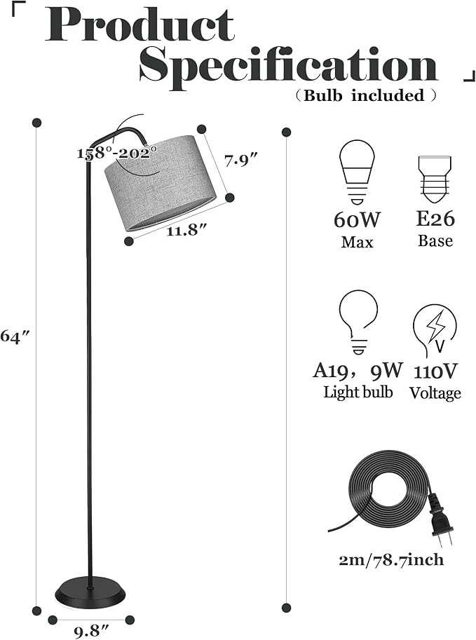 ELYONA LED Floor Lamp for Bedroom 3 Color Temperatures Modern Reading Standing lamp with Adjustable Hanging Grey Linen lampshade Tall Pole Metal Lamp with 9W Bulb Living Room Office Gray