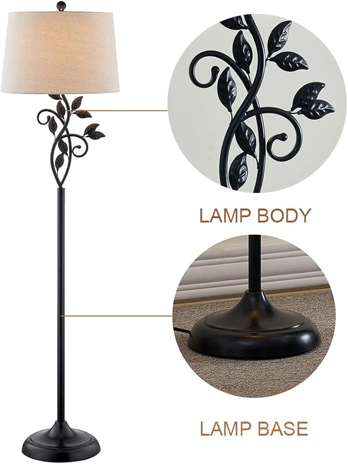 Maxax Vintage Floor Lamp, 62in Traditional Farmhouse Tall Standing Lamp with Oatmeal Fabric Shade,3-Way Dimmable Metal Leaf Floor Lamp for Living Room and Bedroom, Black