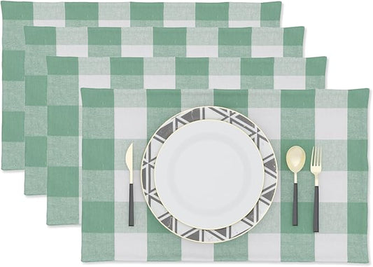 Green & White Placemats Cotton Buffalo Check Gingham Farmhouse Set of 4 Heat Resistant 2 Side Dining Table Place Mats for Kitchen Table, 12 x 18 inches