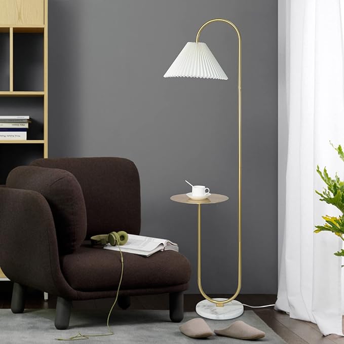 beaysyty Modern Elegant with Tray Floor Lamp for Office Cafe Den Living Room Bedroom, Foot Switch and Brass/Gold Finish,Light Yellow Pleated Cloth Lampshade