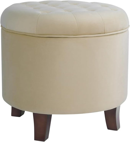 Homepop Home Decor | Upholstered Round Velvet Tufted Foot Rest Ottoman | Ottoman with Storage for Living Room & Bedroom | Decorative Home Furniture, Cream Small