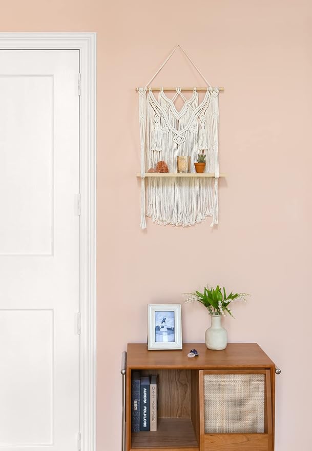 Mkono Macrame Wall Hanging Shelf Boho Decor Wood Floating Shelf for Bedroom Living Room Nursery Bathroom, Handmade Woven Rope Storage Rack for Photo Frames Plant Display