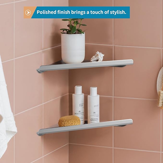 2 Pcs 304 Stainless Steel Corner Shelf with Screws, Triangle Shower Caddy, Wall Mount Soap Holder for Bathroom, Kitchen Organization (Polished Silver)