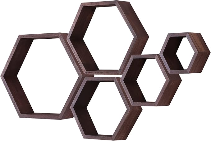PHOENANCEE Hexagon Floating Shelves,Wall Mounted Wood Farmhouse Storage Honeycomb Wall Shelf Set of 5,for Bathroom, Kitchen, Bedroom, Living Room,Office,Driftwood Finish (Walnut)
