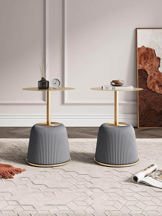 Manhattan Comfort Anderson Modern 15.75" Round End Tables 1.0 - Elegant Leatherette Upholstered Base with Pleated Design & Gold Steel Tabletop, Fully Assembled Accent Furniture, Set of 2, Grey