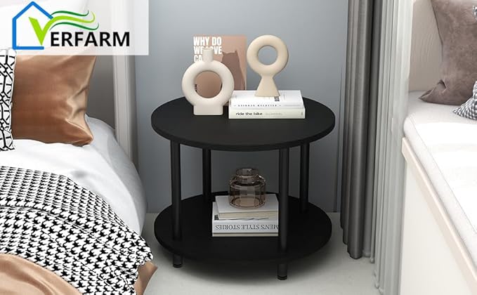 23.6" Round Coffee Table, 2-Tier Small Circle Coffee Table with Storage, Modern Center Accent Table with Metal Frame, Side Table End Table for Small Space, Living Room, Office, Black