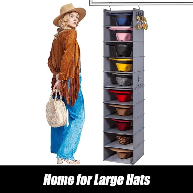 LADYBRO Hat Rack for Closet Hat Organizer, 10-Shelf Organizer for Fedora Trilby Hanging Storage Display Hanger Holder Caps Sunglass, Oxford Cloth Grey