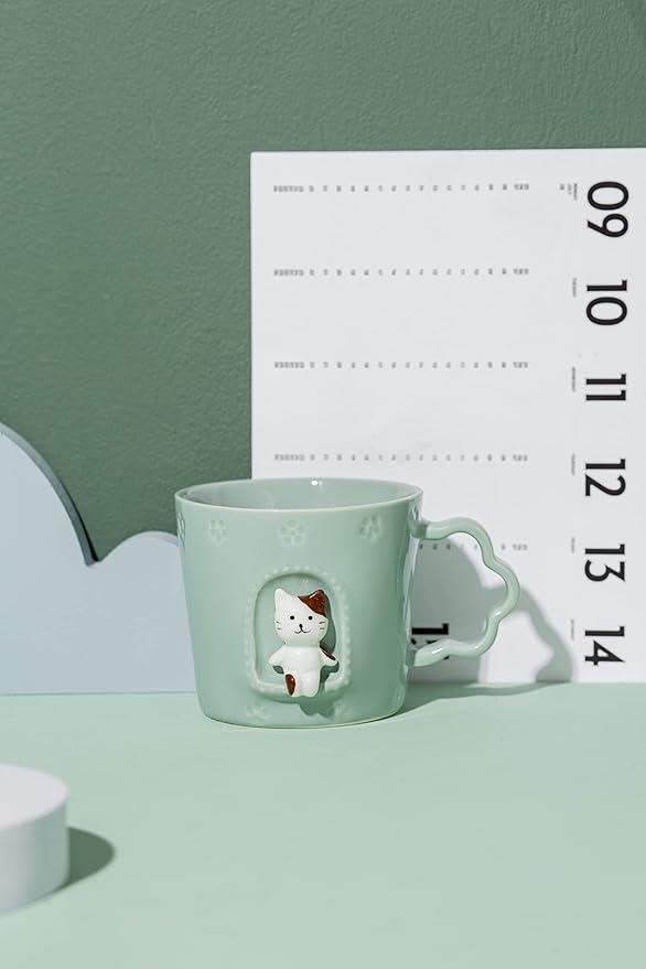 DIHOclub Cat Ceramic Cup Window Animals Mug Cute Cartoon Handmade Figurine Mugs,Holiday and Birthday Gift for Daughter,Son,Kids,9 OZ (Blue)
