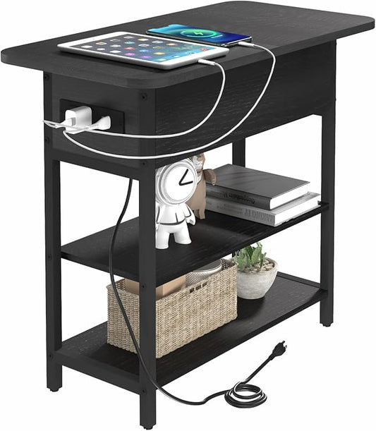Yoobure End Table with Charging Station, Flip Top Side Table with USB Ports and Outlets, Sofa Couch Table Bedside Table for Living Room Bedroom, Narrow Nightstand with Storage Shelves for Small Space