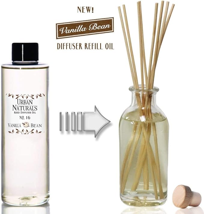 Urban Naturals Vanilla Bean Reed Diffuser Refill, 4 oz, Bundle with Vanilla Bean Reed Diffuser Set - Made with Essential Oils in The USA