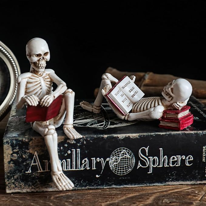 3 Psc Reading Skeleton Statue Gothic Horror Decor for Bookshelf and Desk Resin Figurine Halloween Decoration