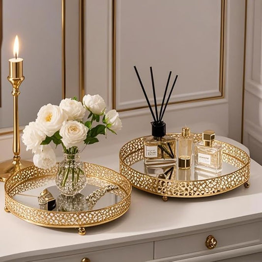 Glitzhome Set of 2 Oversized Round Gold Mirror Decorative Trays, Metal Vanity Jewelry Tray Perfume Dresser Tray, Elegant Hollow-Carved Jewelry Organizer Makeup Trays