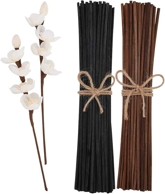 jecengs Natural Reed Diffuser Sticks add 2 Pcs 13inch Sola Flowers 10 Inch Natural Rattan Wood Sticks Aromatherapy Sticks Replacements Stick Black 50 Pcs and Brown 50 pcs