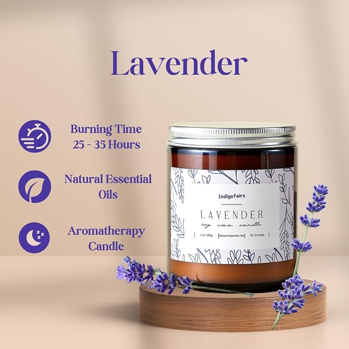 Lavender Scented Candle - 7oz Soy Wax Aromatherapy Candle for Stress Relief & Relaxation – 40 Hours Long Lasting, Natural Essential Oils, Gift for Women & Home Decor