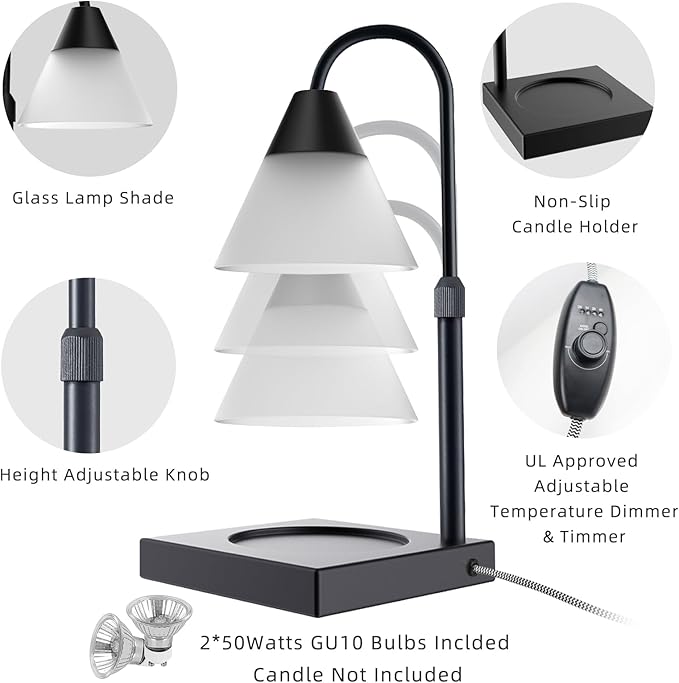 Candle Warmer Lamp, Dimmable Metal Lamp Height Adjustable, Compatible with Yankee and 3 Wick Large Jars, Lamps Scented Wax for Home Decor (Glass-Black), LALISUACTF01