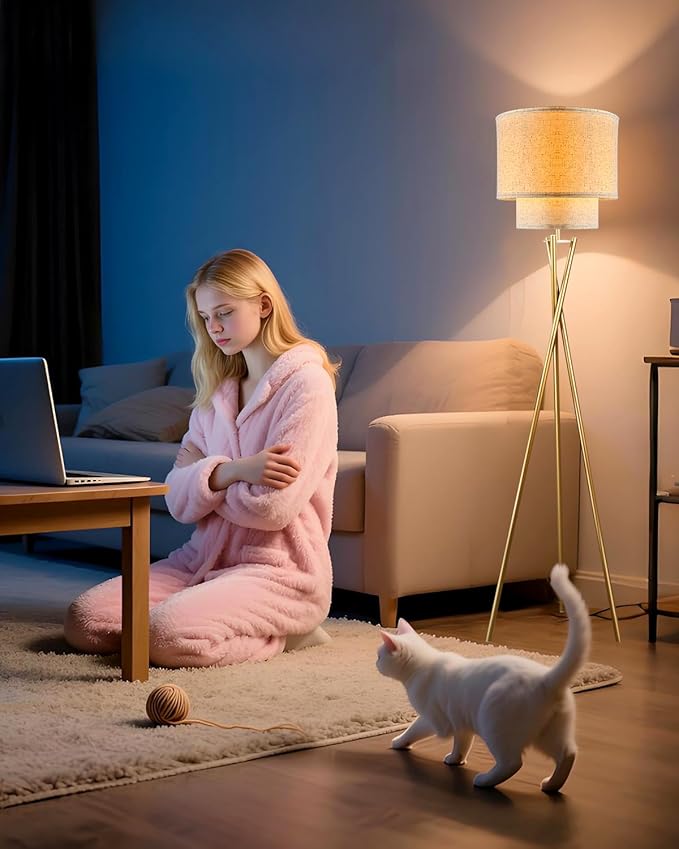 Lightdot Glod Tripod Floor Lamp, Modern Floor Lamps for Living Room, Standing Lamp with Double Linen Shade, E26 Bulb Included, 67.7" Tall Floor Lamp for Bedroom, Home Office