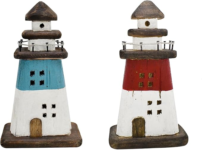 K KILIPES Beach Lighthouse for Bathroom Nautical Home Decor, 7.5" H Wood Lighthouse Table Decoration Coastal Centerpiece Hand Crafted Lighthouse Sculpture Ocean Decorations (Red/Blue, S)