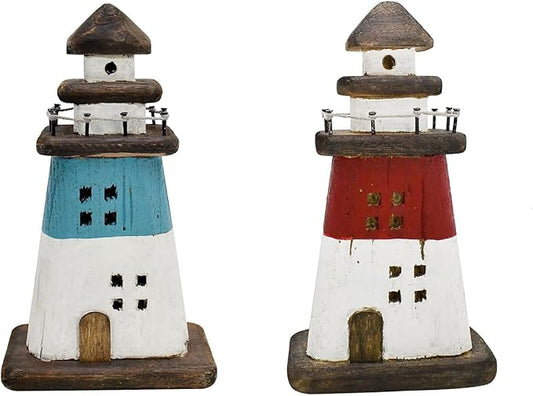 K KILIPES Beach Lighthouse for Bathroom Nautical Home Decor, 7.5" H Wood Lighthouse Table Decoration Coastal Centerpiece Hand Crafted Lighthouse Sculpture Ocean Decorations (Red/Blue, S)
