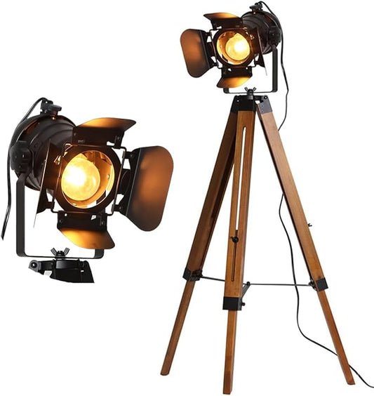 Industrial Floor Lamp for Living Room Tripod Wood Standing Tall Lighting Black Adjustable Cinema Metal Lampshade Studio Lights E26 Farmhouse Retro Floor Lamps for Bedroom Office Reading