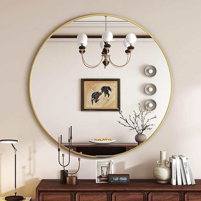 Gold Round Mirror, 42 Inch Bathroom Mirror with Metal Frame, Wall Wall-Mounted for Entryway, Bathroom, Vanity, Living Room