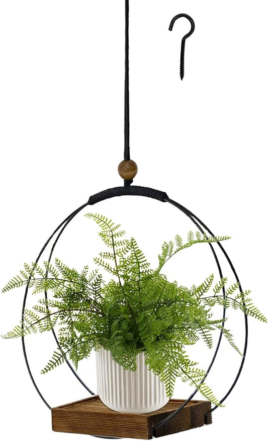 Hanging Planter for Indoor Plants, Black Plant Hanger Indoor with Sturdy Wood Base, Modern Boho Macrame Plant Hanger, Hanging Wall Ceiling Window Home Decor (Plants/Pots Not Included)