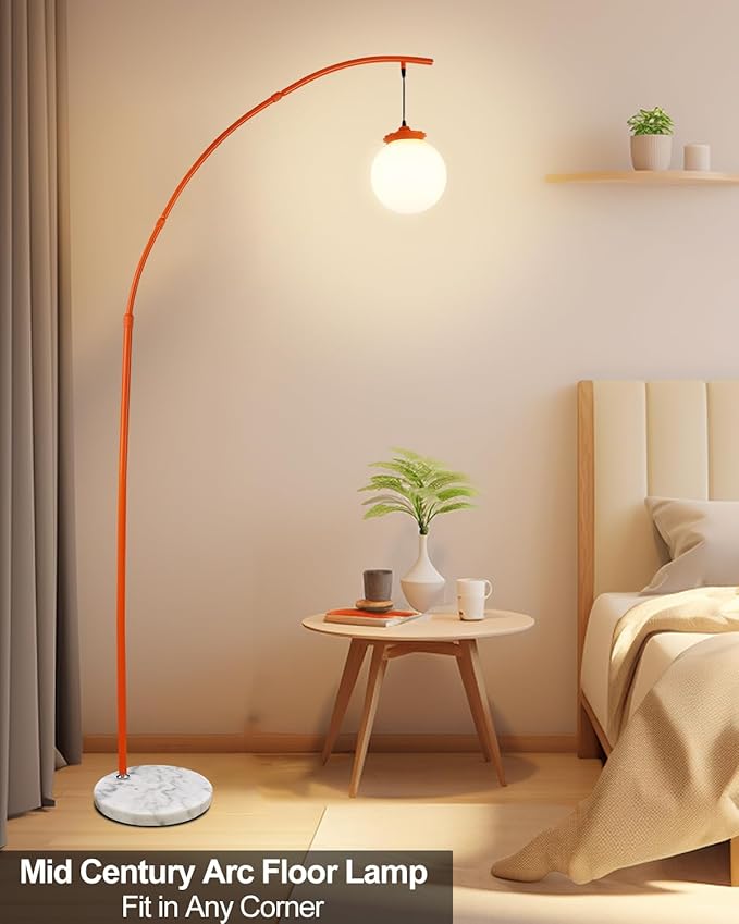 Lightdot Arc Floor Lamp for Living Room, 76Inch Tall Standing Lamp with Marble Base and Globe Bulbs Included, 3000K Warmwhite Modern Mid Century Floor Lamp for Bedroom & Home Office-Orange